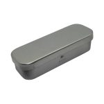 A metallic silver rectangular tin container with a smooth, rounded lid. It has a branding logo on the surface.