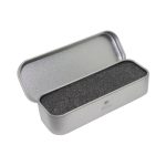 A silver tin box with a removable lid, featuring a black foam interior for pen storage.