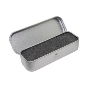 A silver tin box with a removable lid, featuring a black foam interior for pen storage.