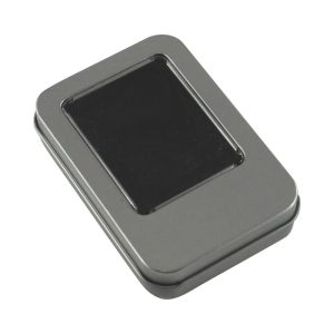 A grey tin with a PVC window, designed for packaging pens. The tin has a sleek, rectangular shape.