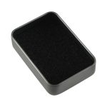 A rectangular silver tin with a black interior, suitable for packaging pens. It includes a window on the lid.