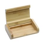 A wooden hinged box in a light bamboo finish, featuring a simple design with a flat base and open compartment.