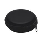 A round, black zippered case with a smooth surface, ideal for storing small items. Features a zip closure.