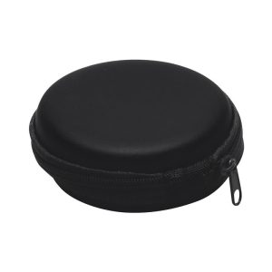 A round, black zippered case with a smooth surface, ideal for storing small items. Features a zip closure.