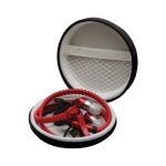 A zippered case in black, containing red wired earphones and a red braided cable. It has a mesh pocket inside.