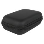 A black zippered case with a hard exterior, featuring a textured surface and a zip closure.
