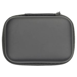 A black zippered case with a smooth exterior, featuring a zipper closure and a logo.