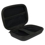 A black zippered case with a mesh pocket and a strap inside, designed for storage.