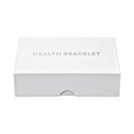 A large white gift box featuring a logo, designed for a health bracelet.