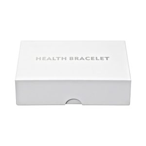 A large white gift box featuring a logo, designed for a health bracelet.
