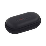 A black zippered case with a rounded shape, featuring a logo on the surface. Ideal for storing small items.