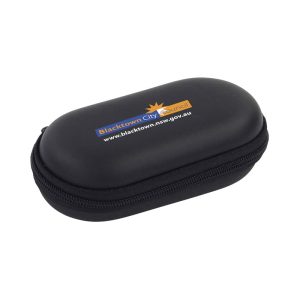 A black zippered case with a rounded shape and a logo printed on the surface.