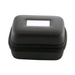 A black zippered adaptor case with a smooth exterior and a rounded shape, featuring a logo on the front.