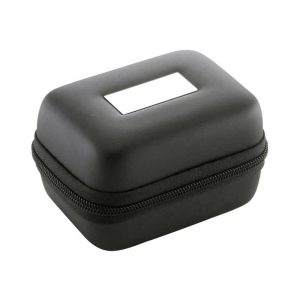 A black zippered case with a hard exterior and a small rectangular opening on top, featuring a logo.