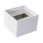 A white gift box with a square shape and a transparent top opening. It has a simple design and a branding logo.