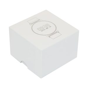A white gift box for pen packaging, featuring minimalist design elements and a logo.