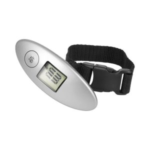 A silver travel scale with a digital display and a black strap for easy handling.