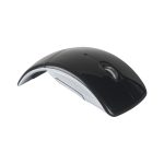 A sleek black wireless optical mouse with a curved design and a silver side accent.