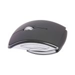 A wireless optical mouse in black with a sleek design and a silver accent. It features a scroll wheel and branding.