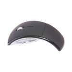 A wireless optical mouse in black with a sleek, curved design and a silver accent. It features a logo on its surface.