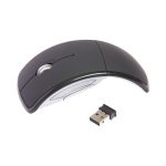 A wireless optical mouse in black with a USB receiver, featuring a sleek, curved design.