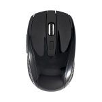 A black wireless mouse with a scroll wheel and side buttons, featuring a smooth surface and ergonomic design.