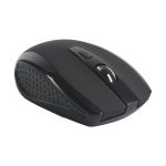 A black wireless mouse featuring a scroll wheel and side buttons, with a textured grip on the underside.