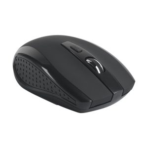 A black wireless mouse featuring a scroll wheel and side buttons, with a textured grip on the underside.