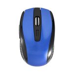 A wireless mouse in vibrant blue with black accents, featuring a scroll wheel and buttons. It has a logo on it.