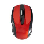 A red wireless mouse with a black underside and scroll wheel, featuring a logo on its surface.
