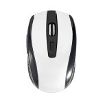 A wireless mouse in white and black with a scroll wheel and side buttons, featuring a branding logo.