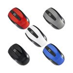 A collection of Optica Wireless Mouses in red, grey, white, black, and blue, featuring a logo on each.