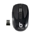 A black wireless mouse with a USB receiver, featuring a logo on its side.