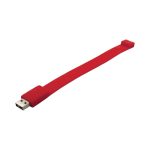 A red silicone wristband with a USB connector on one end, featuring a branding logo.