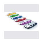 A collection of oval-shaped flash drives in silver, green, blue, orange, purple, and red with a logo on each.