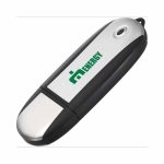 An oval-shaped flash drive in black and silver, featuring a logo on its surface.