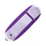 A purple and silver oval flash drive featuring a logo.