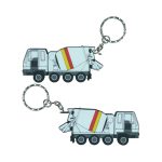 A keychain in the shape of a cement mixer truck, featuring a grey body with red and yellow stripes.