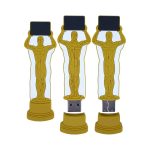 Custom moulded flash drives in gold, shaped like a figure holding a rectangular base, featuring a logo on the front.