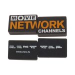 Custom moulded flash drives in black with orange and white branding elements, featuring a logo on one side.