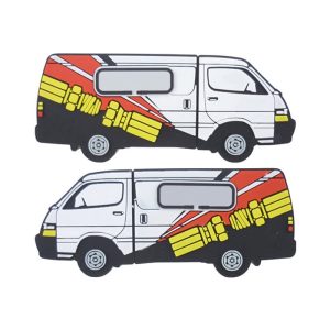 Custom moulded flash drives in the shape of a white van with red and yellow designs, featuring a logo.