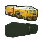 A custom moulded flash drive shaped like a yellow train, with a black base. It features a detailed image of the train.