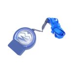 A blue custom moulded flash drive with a circular design and a matching blue lanyard. It includes a logo.