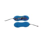 A blue custom moulded flash drive with a playful design and attached strap, featuring a logo.