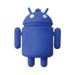 A blue custom moulded flash drive shaped like a robot, featuring small white eyes and arms. It has a logo on it.