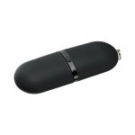 A dark green flash drive with a smooth texture, featuring a black band and a small keyring attachment.