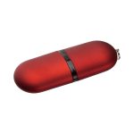 A red, oval-shaped flash drive with a sleek, matte finish and a black band in the centre.