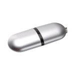 A silver flash drive with a sleek, oval design and a black accent band in the centre, featuring a branding logo.