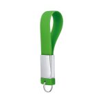 A green, flexible USB flash drive with a sleek metallic base and a loop for attachment.