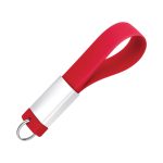 A red and white chain USB flash drive with a loop attachment for easy carrying.